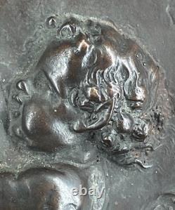 Bronze bas-relief signed Clodion 1773 old red velvet frame art 21.3x25.8cm