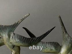 Bronze sculpture signed TIT Art Deco with bird motif on gray marble H5254