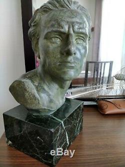 Bust Of Jean Mermoz Aviator Regulates Patinated Green Bronze Marble Base Art Deco