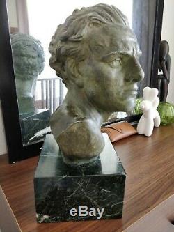 Bust Of Jean Mermoz Aviator Regulates Patinated Green Bronze Marble Base Art Deco