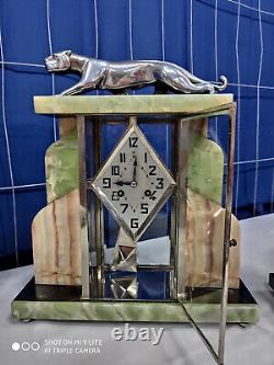 Clock Art Deco Panther Bronze Chrome 1920 1930 Sculpture Clock