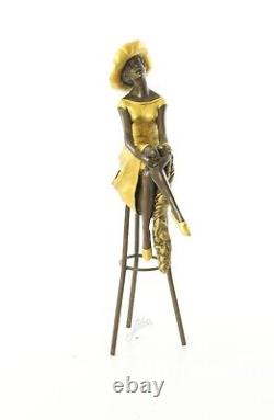 Colored Bronze Woman Sculpture Art Deco on Stool after Demetre Chiparus