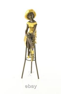 Colored Bronze Woman Sculpture Art Deco on Stool after Demetre Chiparus