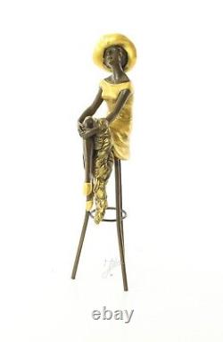 Colored Bronze Woman Sculpture Art Deco on Stool after Demetre Chiparus