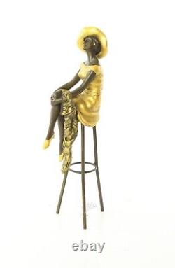 Colored Bronze Woman Sculpture Art Deco on Stool after Demetre Chiparus