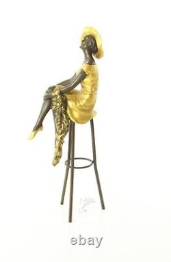 Colored Bronze Woman Sculpture Art Deco on Stool after Demetre Chiparus