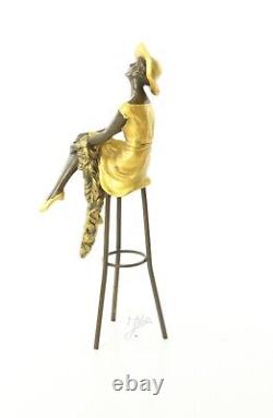 Colored Bronze Woman Sculpture Art Deco on Stool after Demetre Chiparus