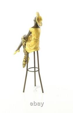 Colored Bronze Woman Sculpture Art Deco on Stool after Demetre Chiparus