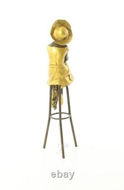 Colored Bronze Woman Sculpture Art Deco on Stool after Demetre Chiparus