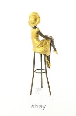 Colored Bronze Woman Sculpture Art Deco on Stool after Demetre Chiparus