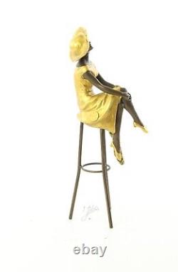 Colored Bronze Woman Sculpture Art Deco on Stool after Demetre Chiparus