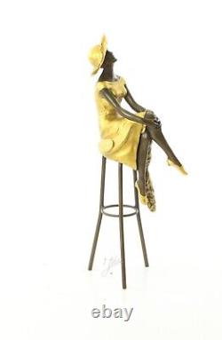 Colored Bronze Woman Sculpture Art Deco on Stool after Demetre Chiparus