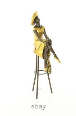 Colored Bronze Woman Sculpture Art Deco on Stool after Demetre Chiparus