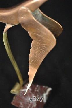 Copper Sculpture Stork Art Deco Base Marble Bronze Hispano Suiza