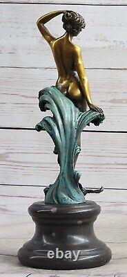 Domestic Art Decoration: Nude Young Woman Girl Bronze Marble Statue