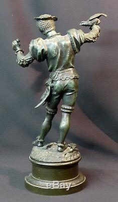 E 1870 Superb Statue Sculpture Bronze Signed Barye Falconer 43cm 5.2kg Art