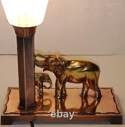 Elephant and its Elephant Sculpture Bronze Gilded Art Deco Lamp Copper Base