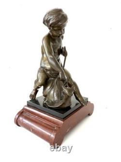 Émile Picault Bronze Boy Riding Snail Sculpture Base Art Deco Art Nouveau France