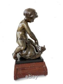 Émile Picault Bronze Boy Riding Snail Sculpture Base Art Deco Art Nouveau France