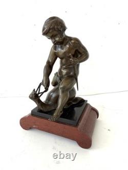 Émile Picault Bronze Boy Riding Snail Sculpture Base Art Deco Art Nouveau France