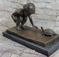 European Art Nouveau Roman Bronze Statue of Girl and Turtle Signed Vitaleh