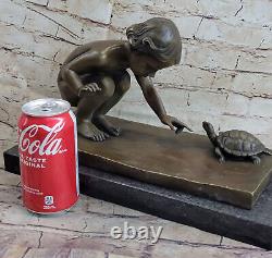 European Art Nouveau Roman Bronze Statue of Girl and Turtle Signed Vitaleh