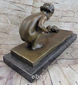 European Art Nouveau Roman Bronze Statue of Girl and Turtle Signed Vitaleh