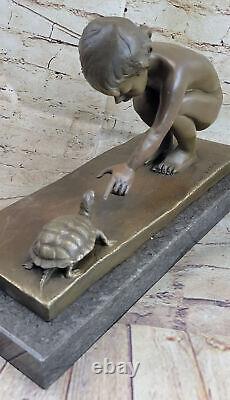 European Art Nouveau Roman Bronze Statue of Girl and Turtle Signed Vitaleh