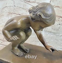 European Art Nouveau Roman Bronze Statue of Girl and Turtle Signed Vitaleh