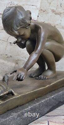 European Art Nouveau Roman Bronze Statue of Girl and Turtle Signed Vitaleh