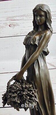 Exquisite Bronze Art Deco Sculpture Voluptuous Woman 'Holding' Flower Basket