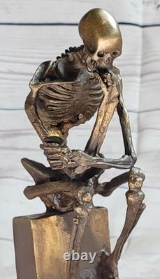 Fine Art Sculpture Bronze Thinker Skeleton Marble Base Signed Milo Open Decor