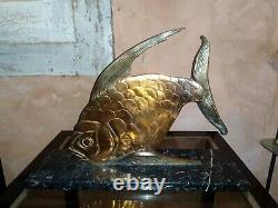 Fish Sculpture Art Deco In Bronze With Copper Patina Signed Fish