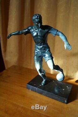 Footballer Marble Sculpture Regulates Bronze Patina Green Art Deco 1930 Sports Tbe