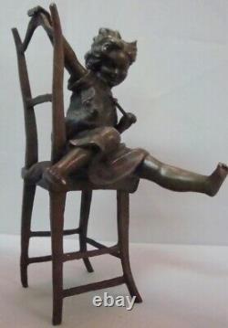 Girl Chat Statue Sculpture Art Deco Style Art Nouveau Solid Bronze Chair