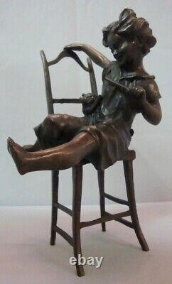 Girl Chat Statue Sculpture Art Deco Style Art Nouveau Solid Bronze Chair