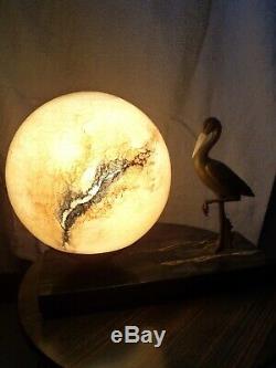 Glass Lamp & Bronze Sculpture With Heron Signed Gual Circa 1930 French Art Deco