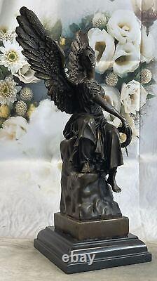 Grand Bronze Female with Angelic Marble Wings Sculpture in Art Nouveau Style