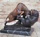 Grand Magnificent Stock Market Bull Marble Base Bronze Bear Art Sculpture Statue