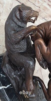 Grand Magnificent Stock Market Bull Marble Base Bronze Bear Art Sculpture Statue