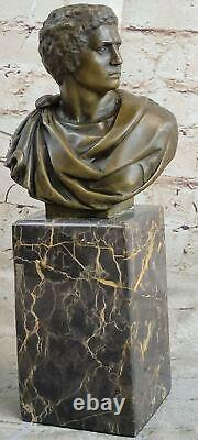 Grand Tour Bronze Bust of Roman Caesar Augustus on Marble Sculpture Art
