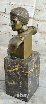 Grand Tour Bronze Bust of Roman Caesar Augustus on Marble Sculpture Art
