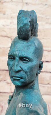 Green American Indian Eagle Chief Bust Sculpture in Bronze and Marble