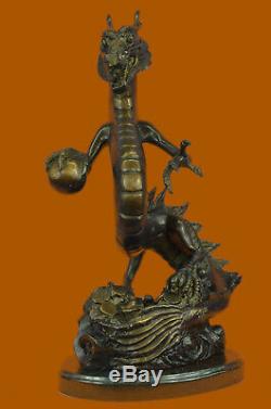 Handmade Signed Dragon Thomas Bronze Sculpture Marble Statue Figurine Art