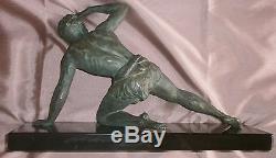 Jean De Roncourt Sculpture Art Deco Watcher Athlete Regulates Bronze Patina