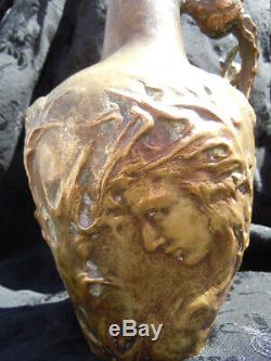 Jeanne Jozon Sculpture Bronze Face Female Thistles Pitcher Art Nouveau Era