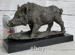 Large Wild Boar Bronze Statue Sculpture Art Deco Marble Base Decor