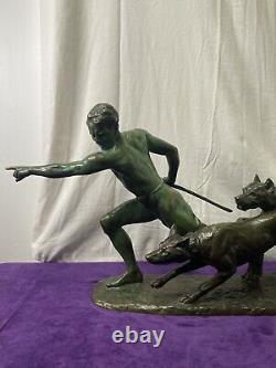 Léon Riché Important Sculpture Bronze Athlete And His Two Dogs Signed Art Deco