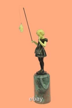 Little Girl Fishing Figurine Art Deco Bronze Sculpture Statue Home Decor Gift
