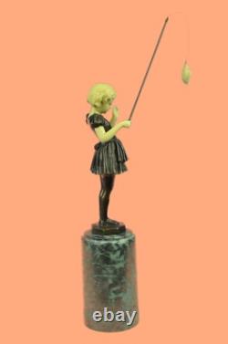 Little Girl Fishing Figurine Art Deco Bronze Sculpture Statue Home Decor Gift